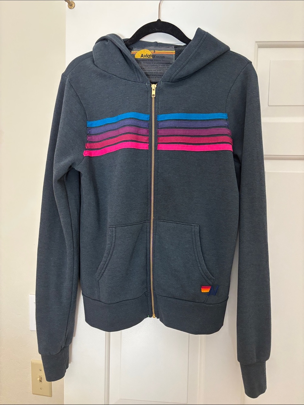 Aviator Nation 5 Stripe Hoodie - Charcoal/Pink/Purple